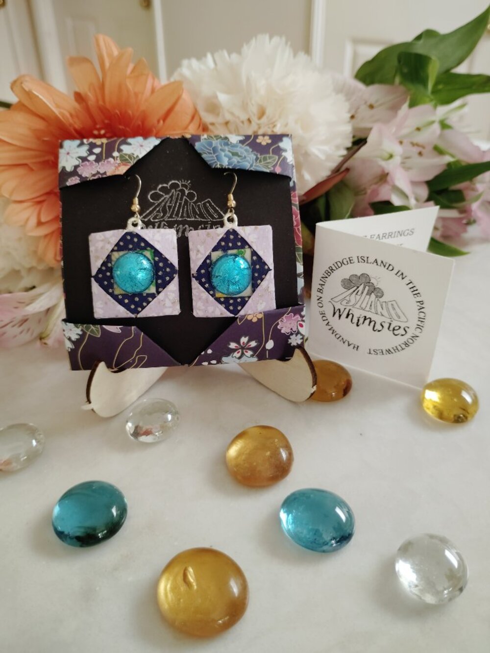 Pink Origami Tile Paper Earrings with Blue Foil Glass Cab, Handmade OAK